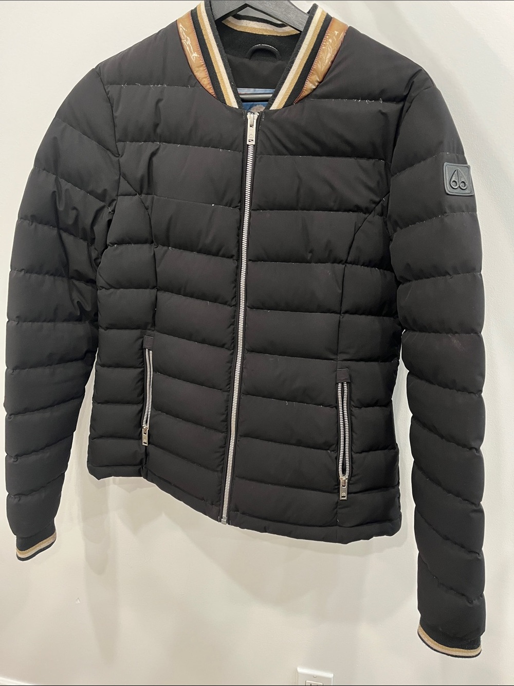 Moose Knuckles Black Puffer Bomber Jacket with Tan Trim